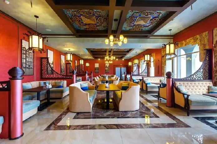 Interior equipped huge banquet colored hall