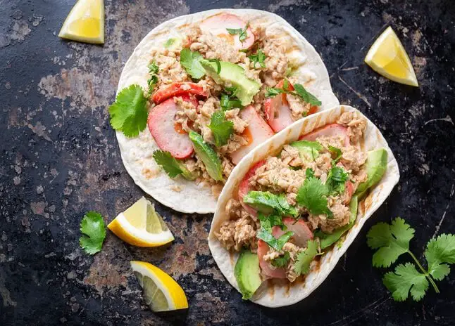 Tacos with Plant based canned tuna and vegan crab