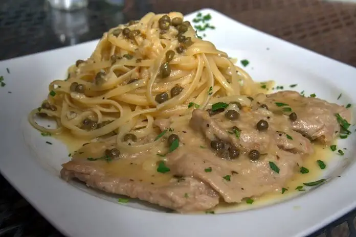 Tender Veal Picatta pan with linguine pasta